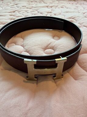 Hermes La Maison Brown Leather Belt with Silver H Buckle
